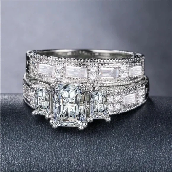 New 925 Silver 2pcs Set Emerald Cut Zircon Ring - Picture 5 of 5